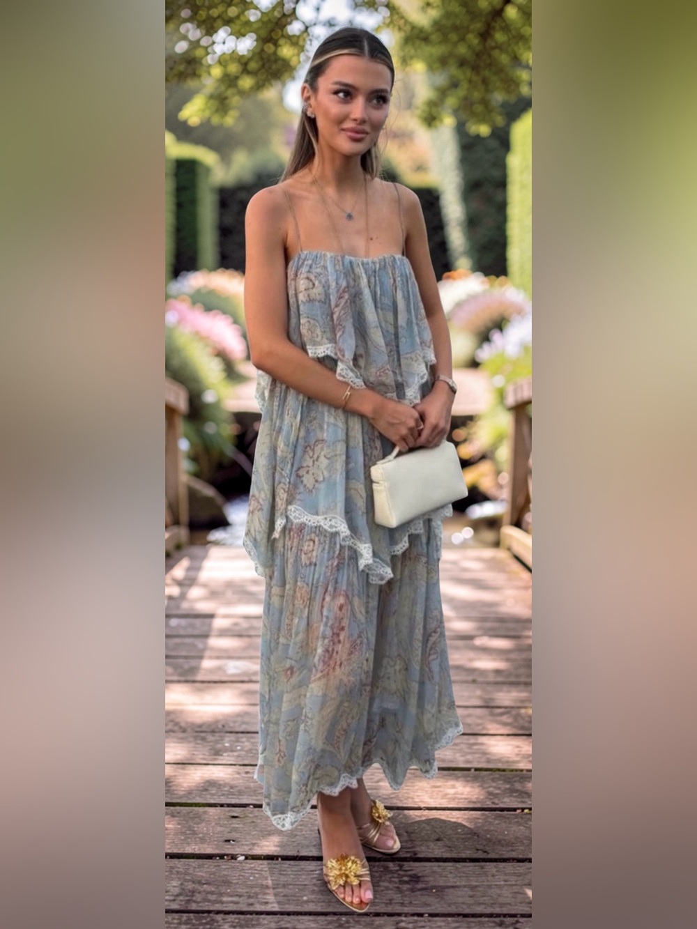Zara NWT Sz S Blue Floral Boho Tiered Lace-Trim Spaghetti Strap Maxi Dress (0907